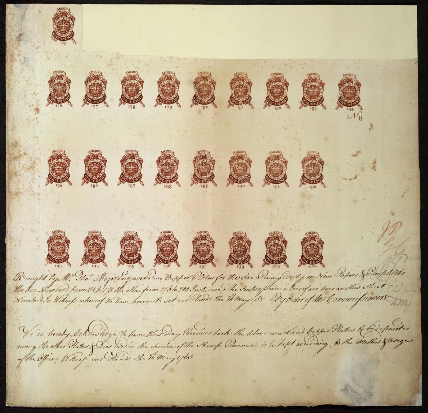 Proof sheet of one-penny revenue stamps printed in red-brown, each a crowned shield lettered AMERICA and ONE PENNY, numbered in rows above a clerk’s handwritten attestation
