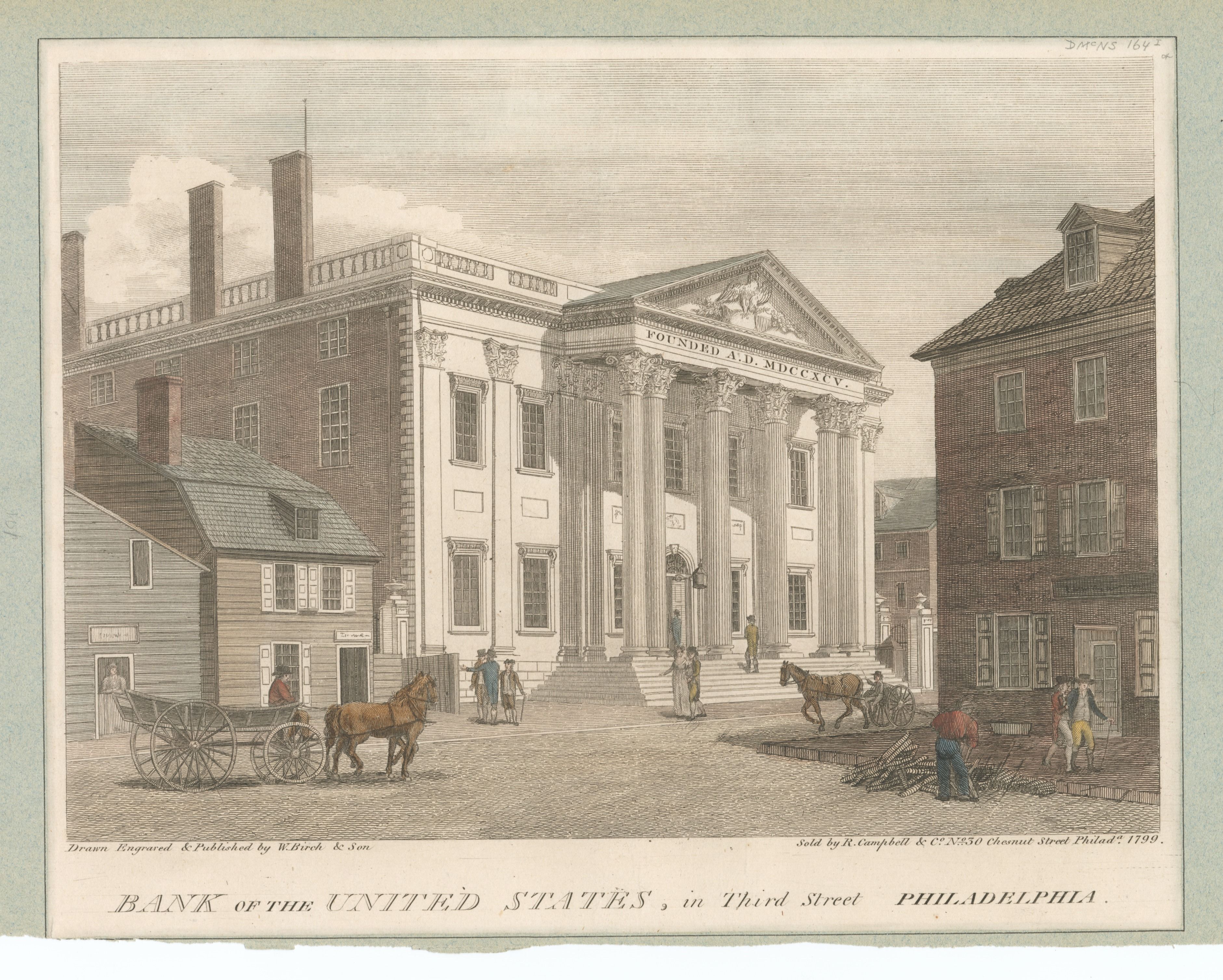 Hand-coloured engraving of a white marble bank with a columned portico and a carved eagle in its pediment, inscribed FOUNDED A.D. MDCCXCV, set between brick houses on a cobbled street with a horse and cart and people in the foreground