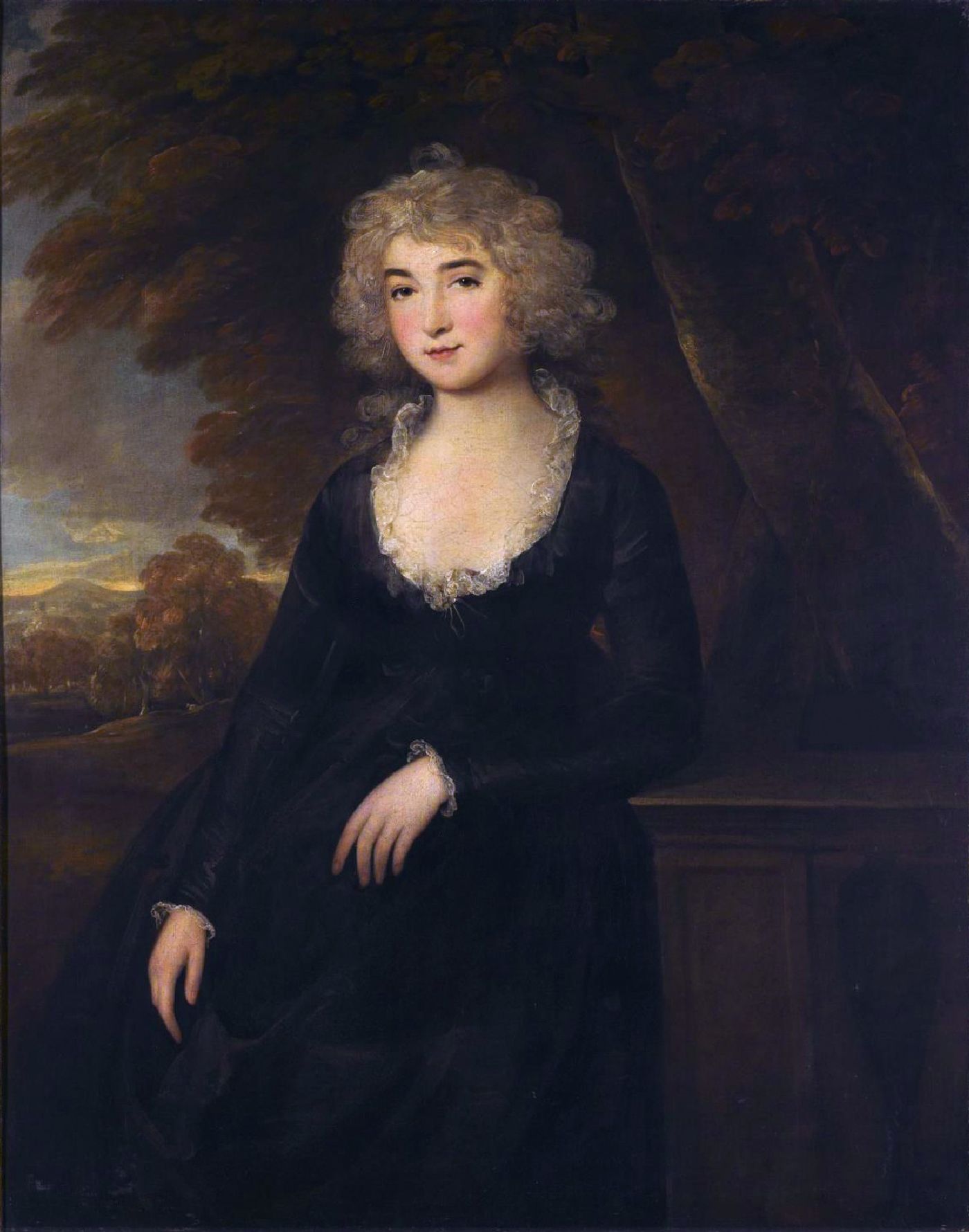 Oil portrait of Frances Villiers, Countess of Jersey, with fair curled hair, in a black gown with a white lace collar, leaning on a stone pedestal before trees