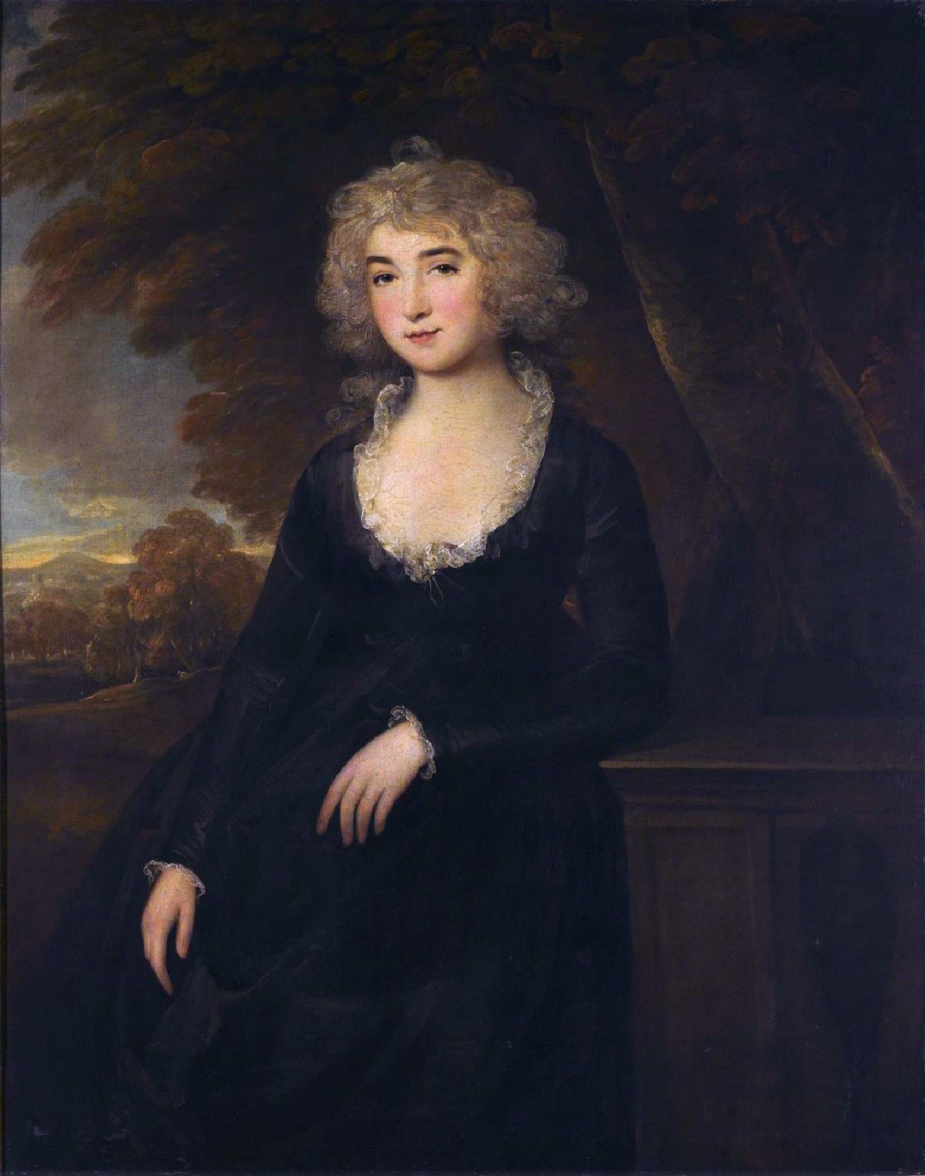 Oil portrait of Frances Villiers, Countess of Jersey, with fair curled hair, in a black gown with a white lace collar, leaning on a stone pedestal before trees
