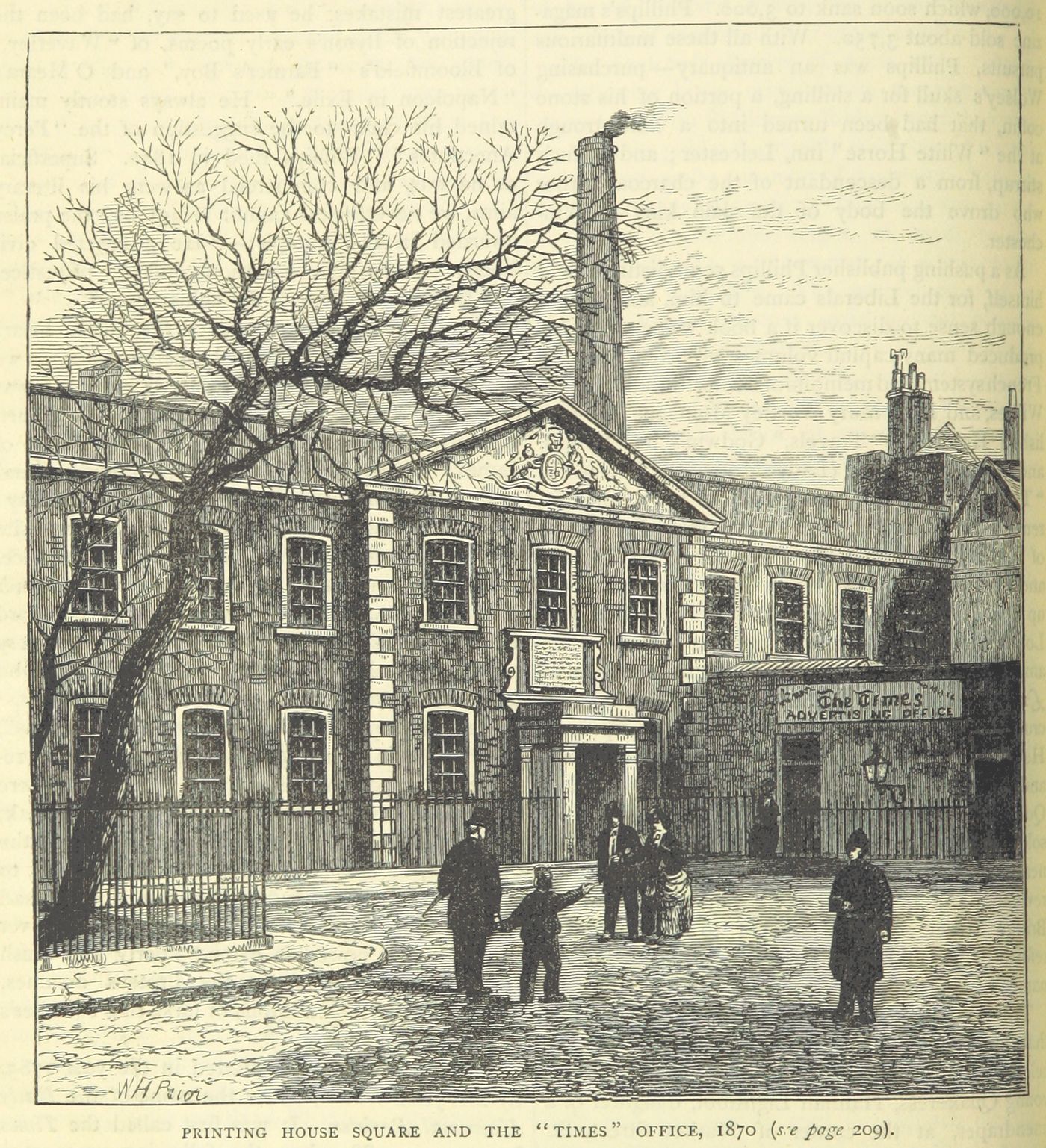Engraving of a brick building with a pediment and a tall chimney behind a leafless tree, with a few people standing in the cobbled square in front