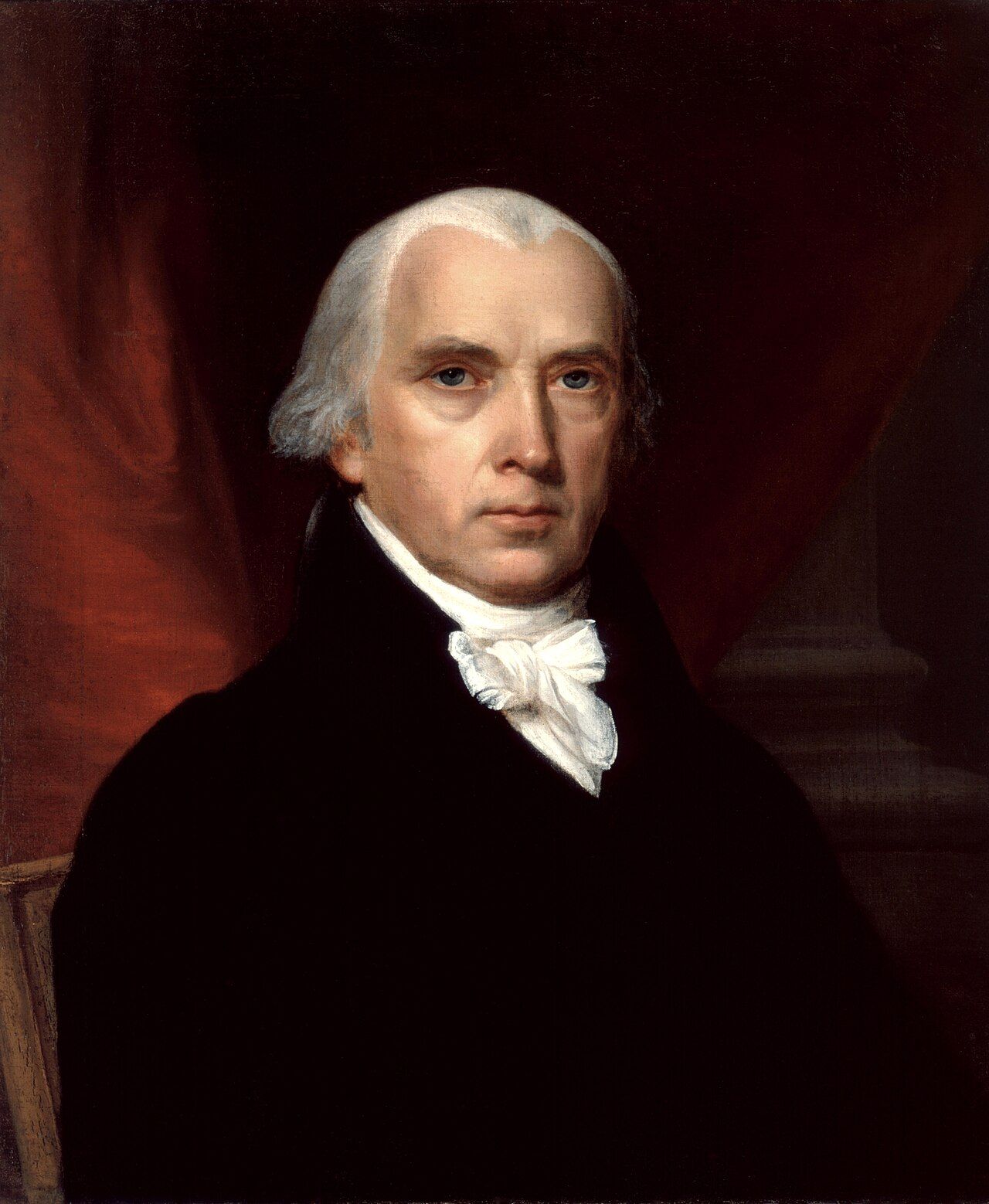 Portrait of an elderly man with white hair wearing a black coat and white cravat against a dark red background.