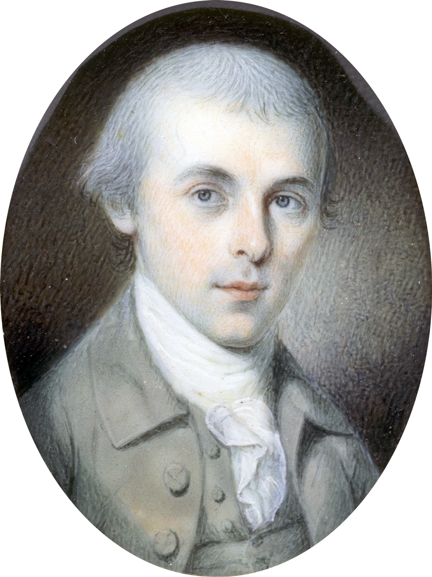 Oval portrait miniature of a young James Madison in a pale grey-green coat with a white stock and ruffled cravat, his powdered hair brushed back from a high forehead, against a dark ground
