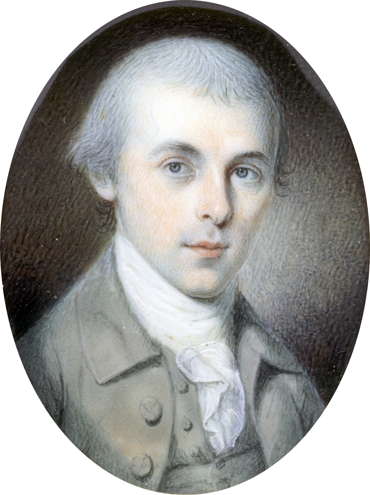 Oval portrait miniature of a young James Madison in a pale grey-green coat with a white stock and ruffled cravat, his powdered hair brushed back from a high forehead, against a dark ground