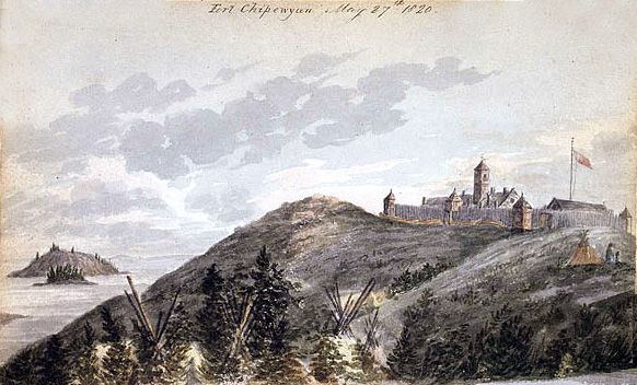 Watercolor of Fort Chipewyan, a palisaded fur post with a flag, on a hill above Lake Athabasca