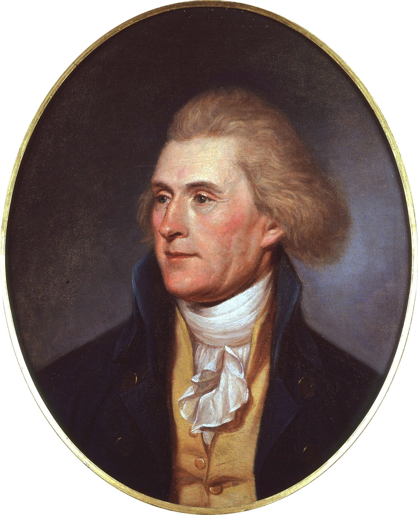 Portrait of Thomas Jefferson with powdered hair, in a dark coat and white cravat