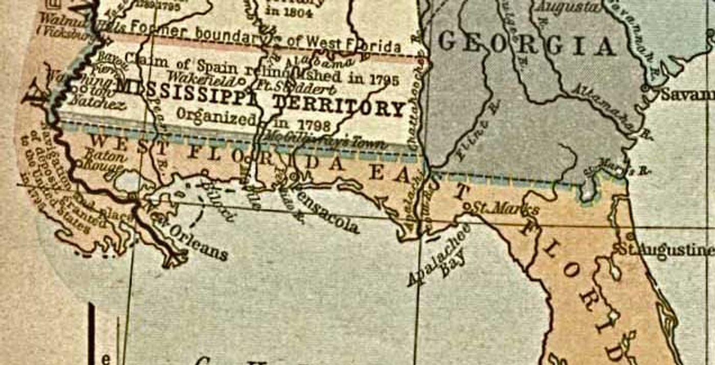 Historical map showing West Florida territory organized in 1798, bordered by Mississippi Territory, Georgia, and the Gulf of Mexico.