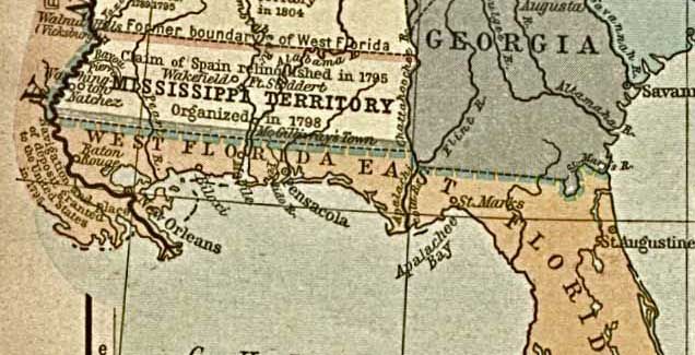 Historical map showing West Florida territory organized in 1798, bordered by Mississippi Territory, Georgia, and the Gulf of Mexico.