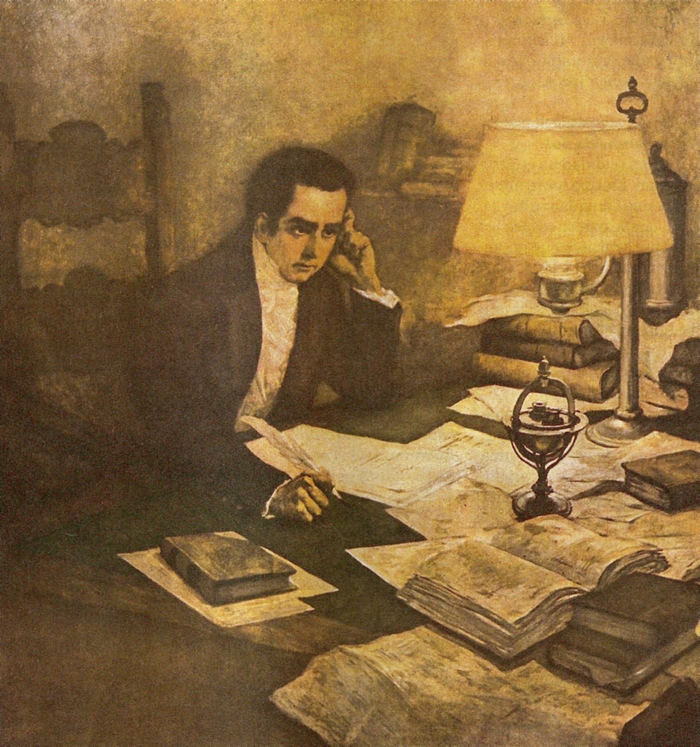 Painting of Mariano Moreno seated at a lamp-lit desk covered with books and papers, a quill in his hand