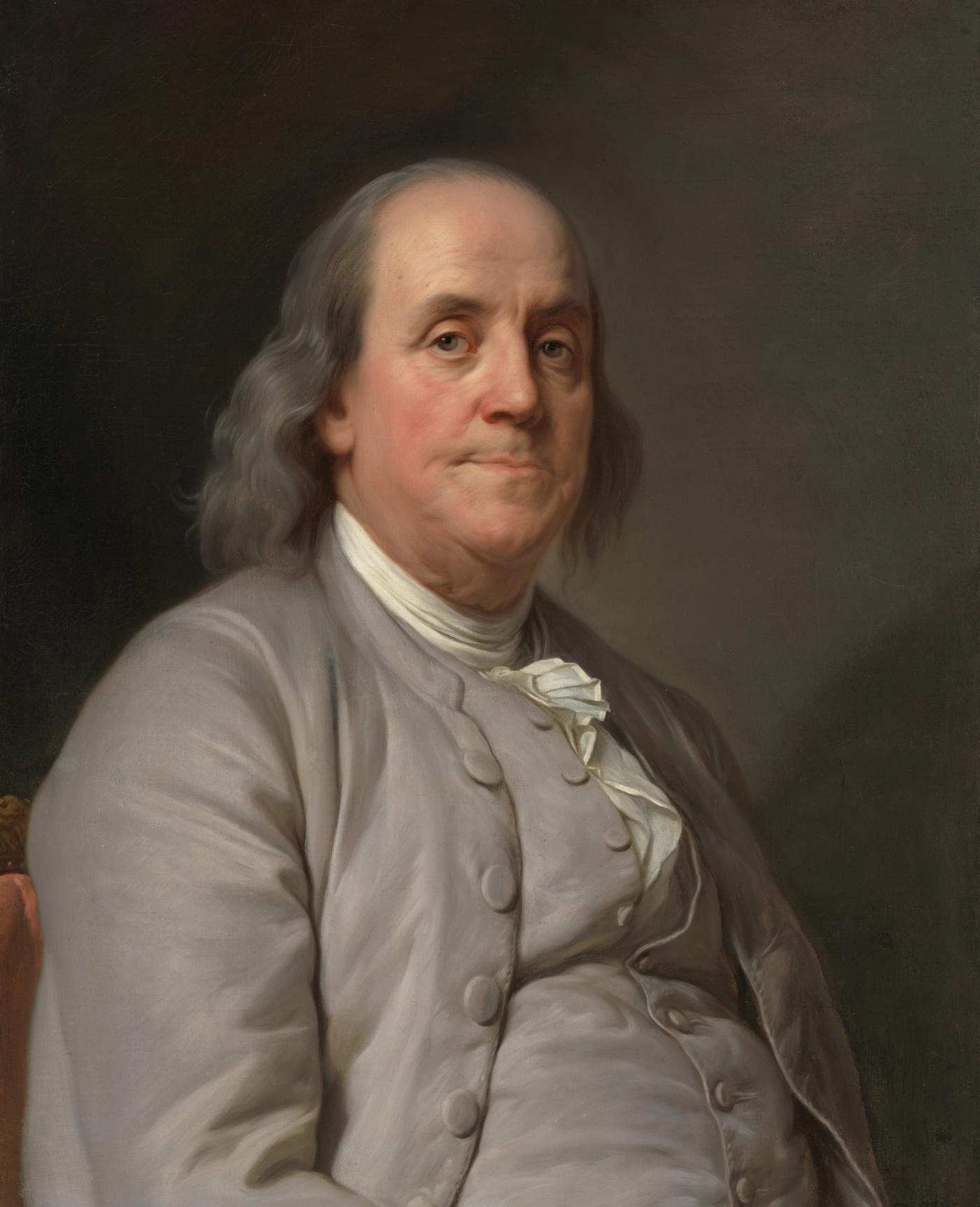 Portrait of an elderly Benjamin Franklin with long gray hair