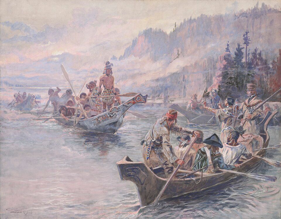 Painting of Lewis and Clark in canoes on the lower Columbia River