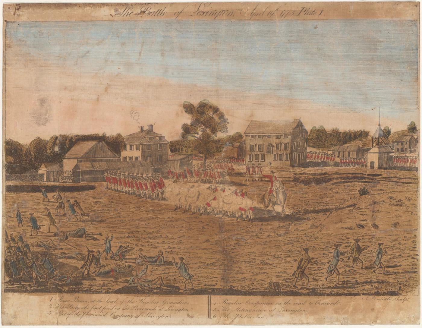 Hand-colored engraving of British regulars in red coats drawn up in ranks and firing a volley across Lexington Green as militiamen fall and scatter, a mounted officer at their right and the town’s meeting house beyond