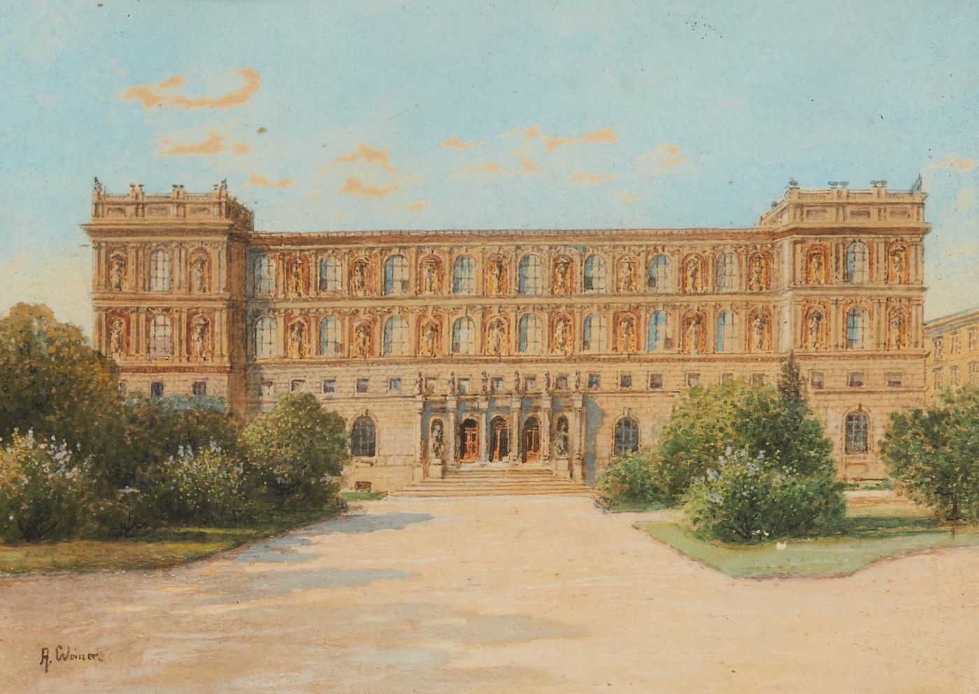 Watercolour of a long Renaissance-style palace with a decorated facade, set behind a tree-lined square with a sandy path