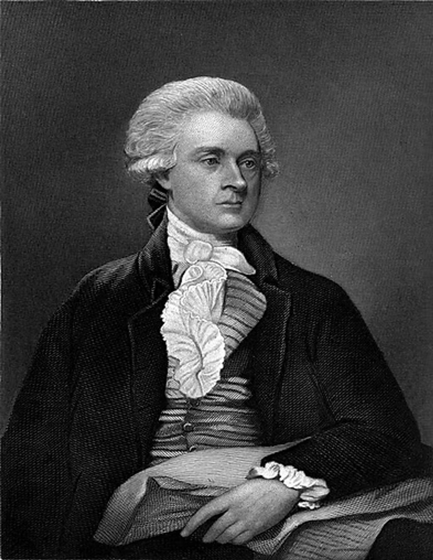 Portrait engraving of a man in 18th-century formal attire with white hair, black coat, and ornate white jabot.