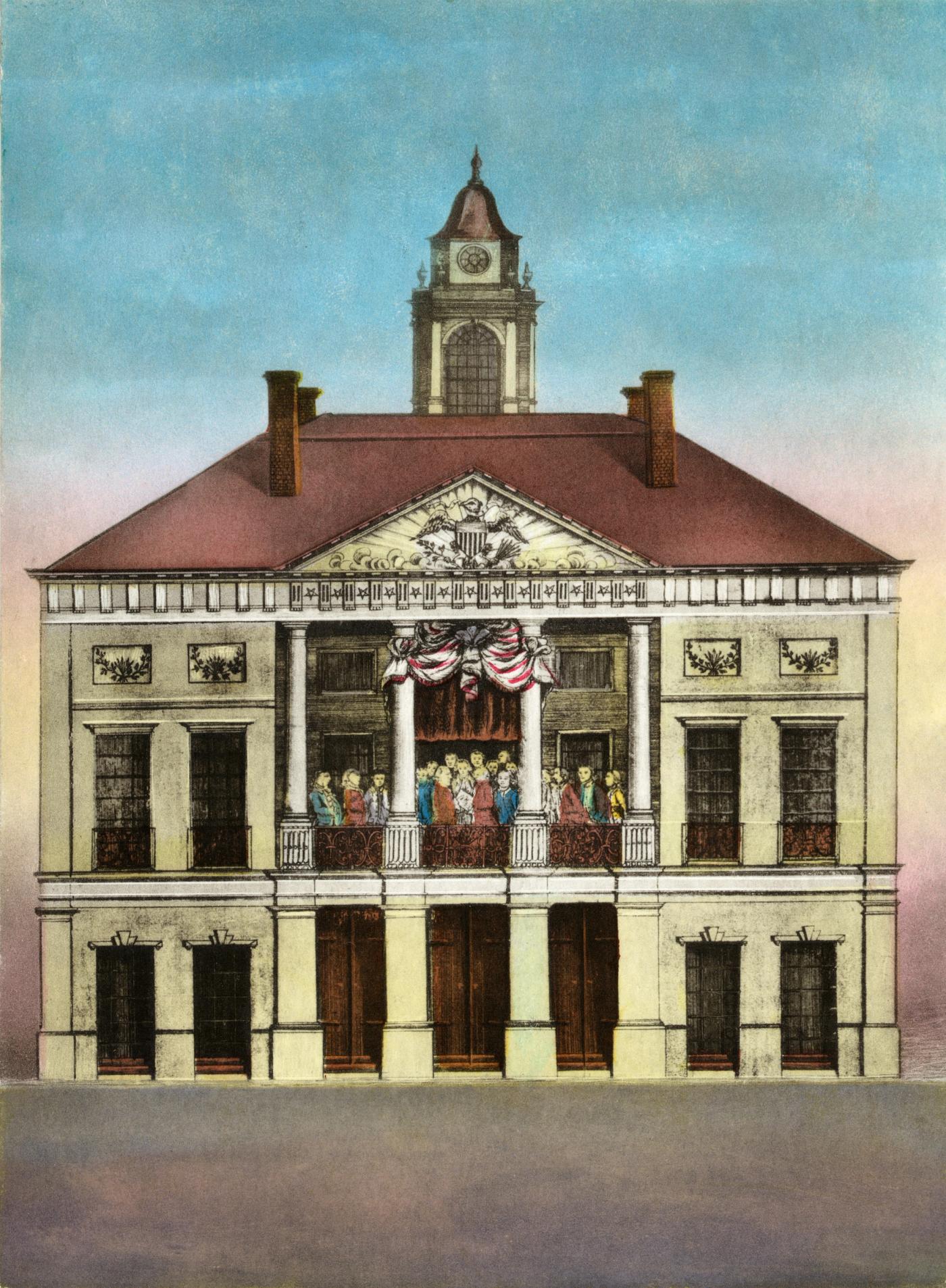 Hand-colored engraving of a two-story classical building with a cupola, a crowd of small figures standing on its columned, draped balcony