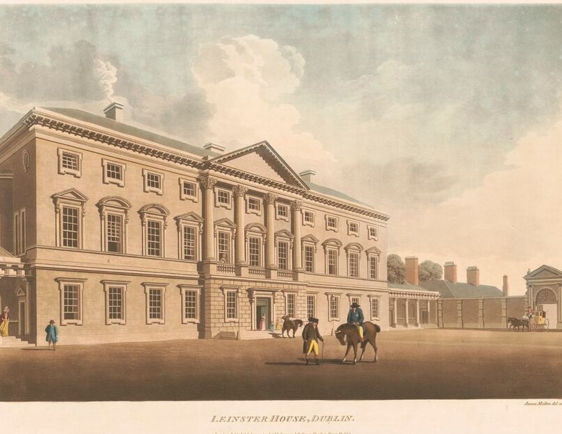 Leinster House, Dublin: 18th-century hand-colored engraving showing a grand neoclassical palace with columns, multiple stories, and figures on the grounds.