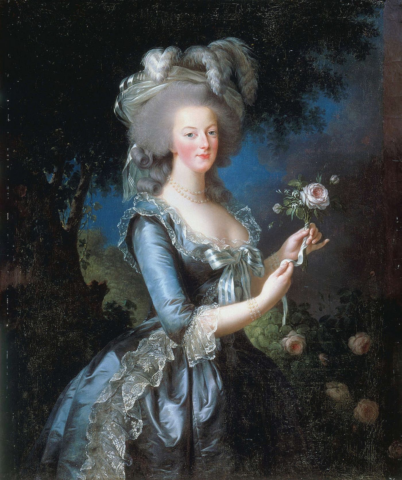 Oil portrait of a young woman with tall powdered hair and feathers, in a blue-grey silk gown with lace, holding a pink rose against a dark wooded background