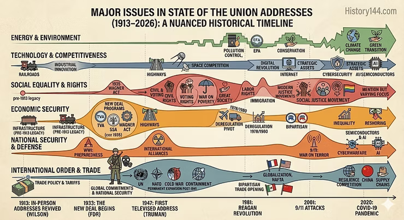 Timeline chart showing major State of the Union issues from 1913-2026 across six policy categories: Energy & Environment, Technology & Competitiveness, Social Equality & Rights, Economic Security, National Security & Defense, and International Order & Trade.