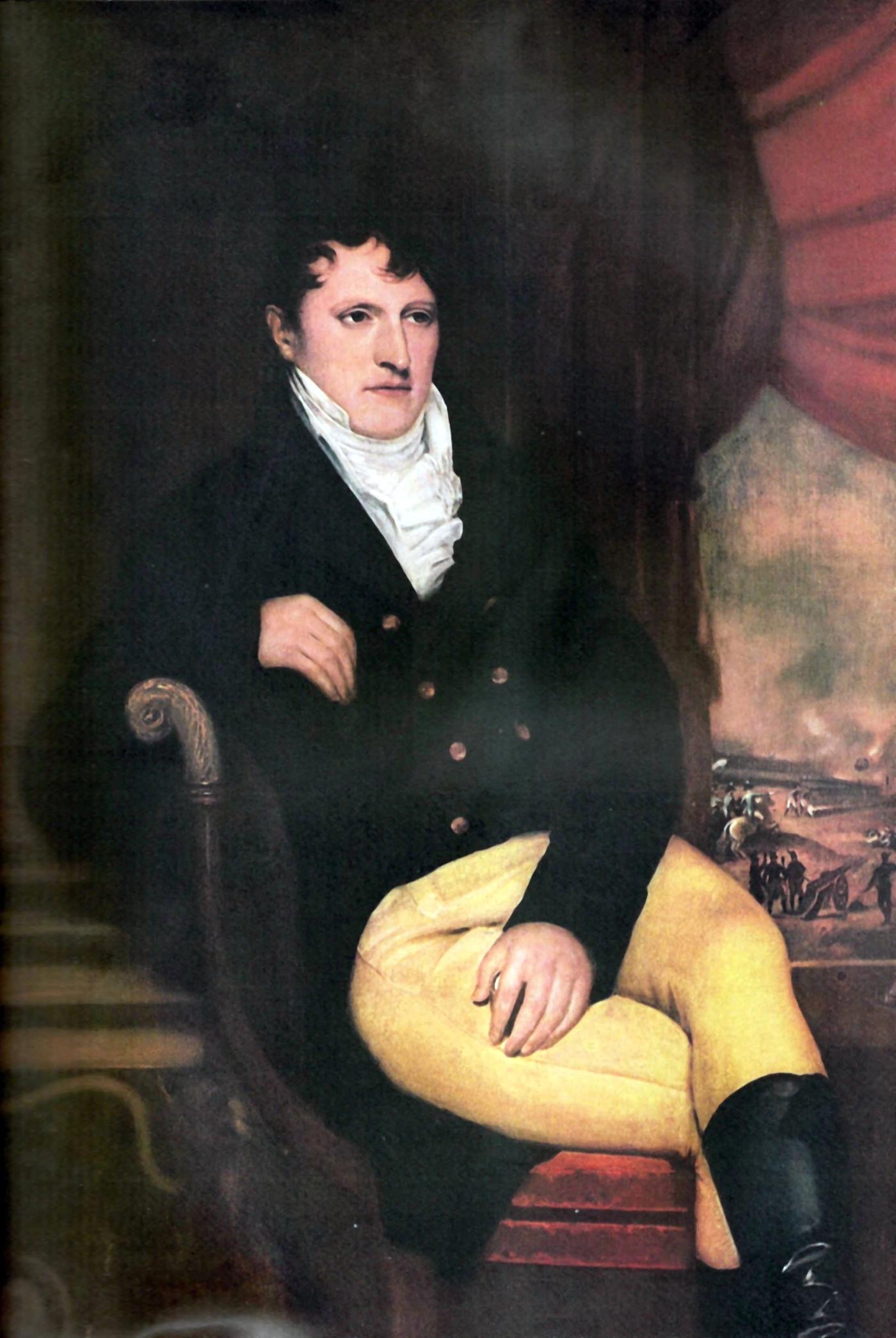 Portrait of Manuel Belgrano in a dark military coat with a high collar