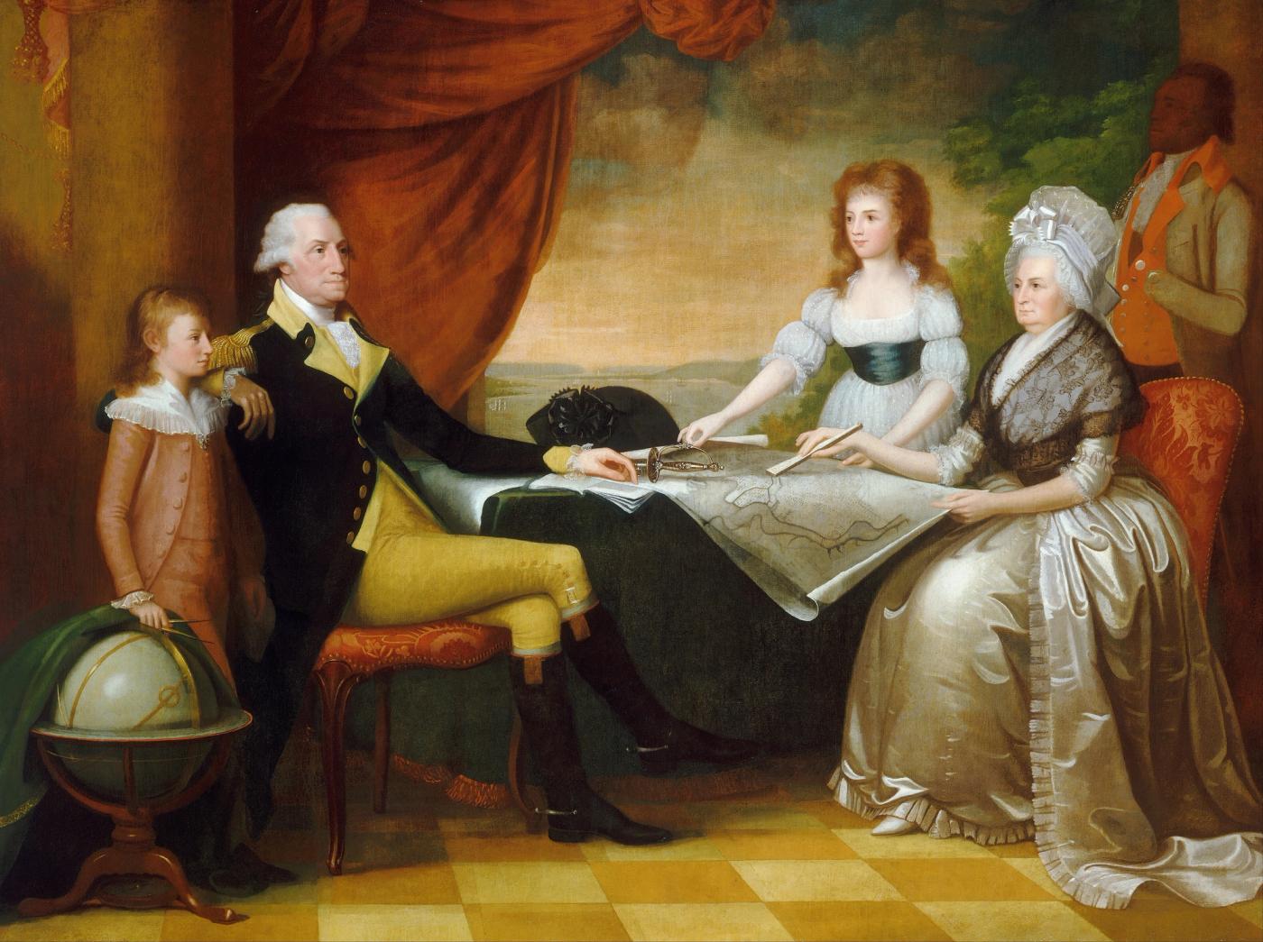 Group portrait of George Washington in uniform seated at a table beside a boy, with Martha Washington and a teenage girl spreading out a large map, and a Black servant standing behind them before a river landscape