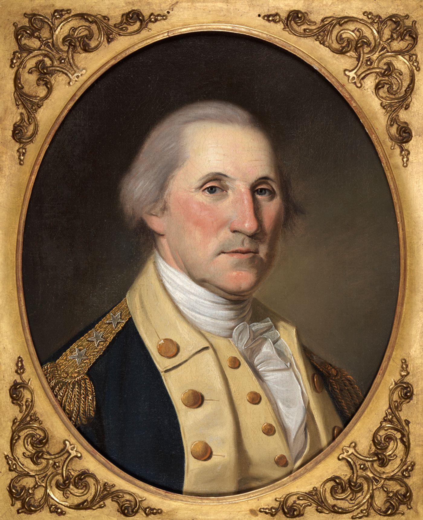 Oval portrait in a gilded frame of George Washington in his fifties, with powdered gray hair, wearing a blue and buff Continental Army uniform with gold epaulets