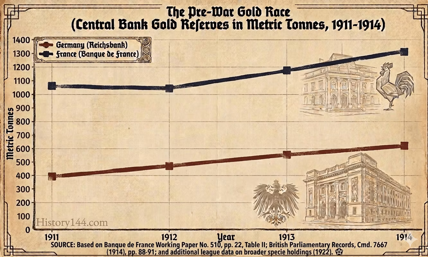 Line graph showing German and French central bank gold reserves from 1911-1914, with Germany's reserves increasing from approximately 1,050 to 1,300 metric tonnes while France's rose from 400 to 600 metric tonnes.