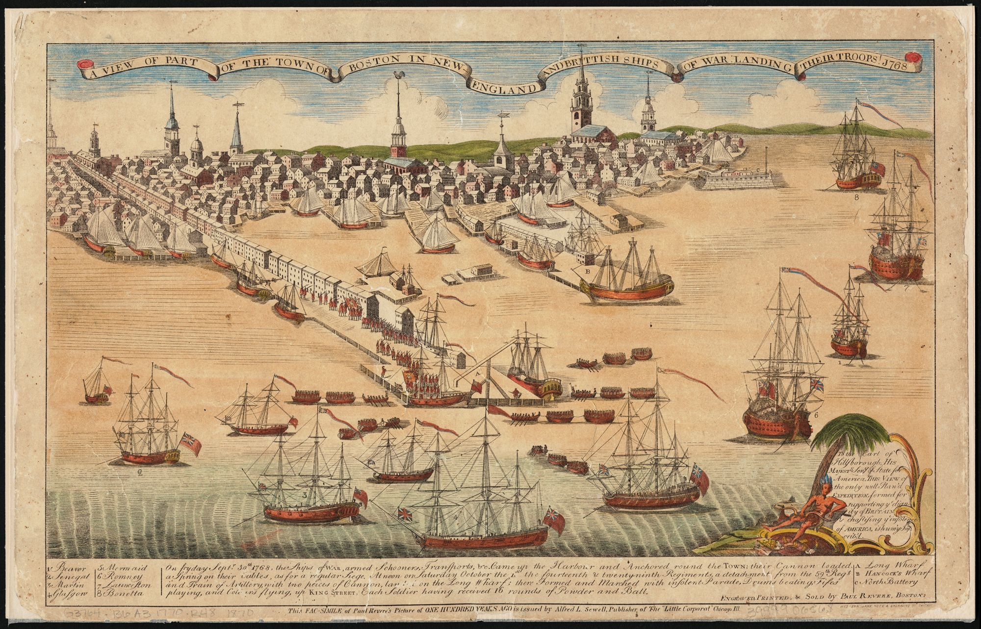 Hand-coloured engraving of British warships in Boston harbour in 1768, with longboats ferrying redcoats ashore and troops forming up along Long Wharf below the town’s spires