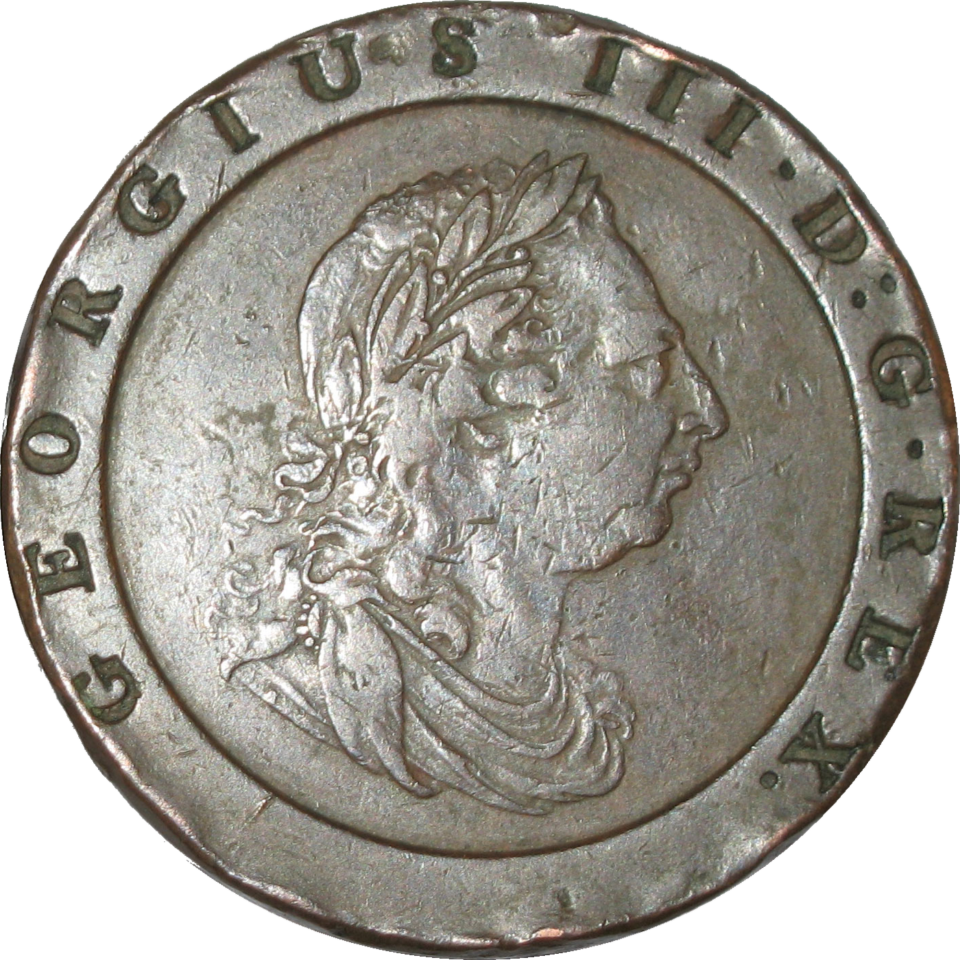 The obverse of a heavy copper coin showing the laureate bust of George III facing right, the legend GEORGIUS III · D · G · REX sunk into a broad raised rim