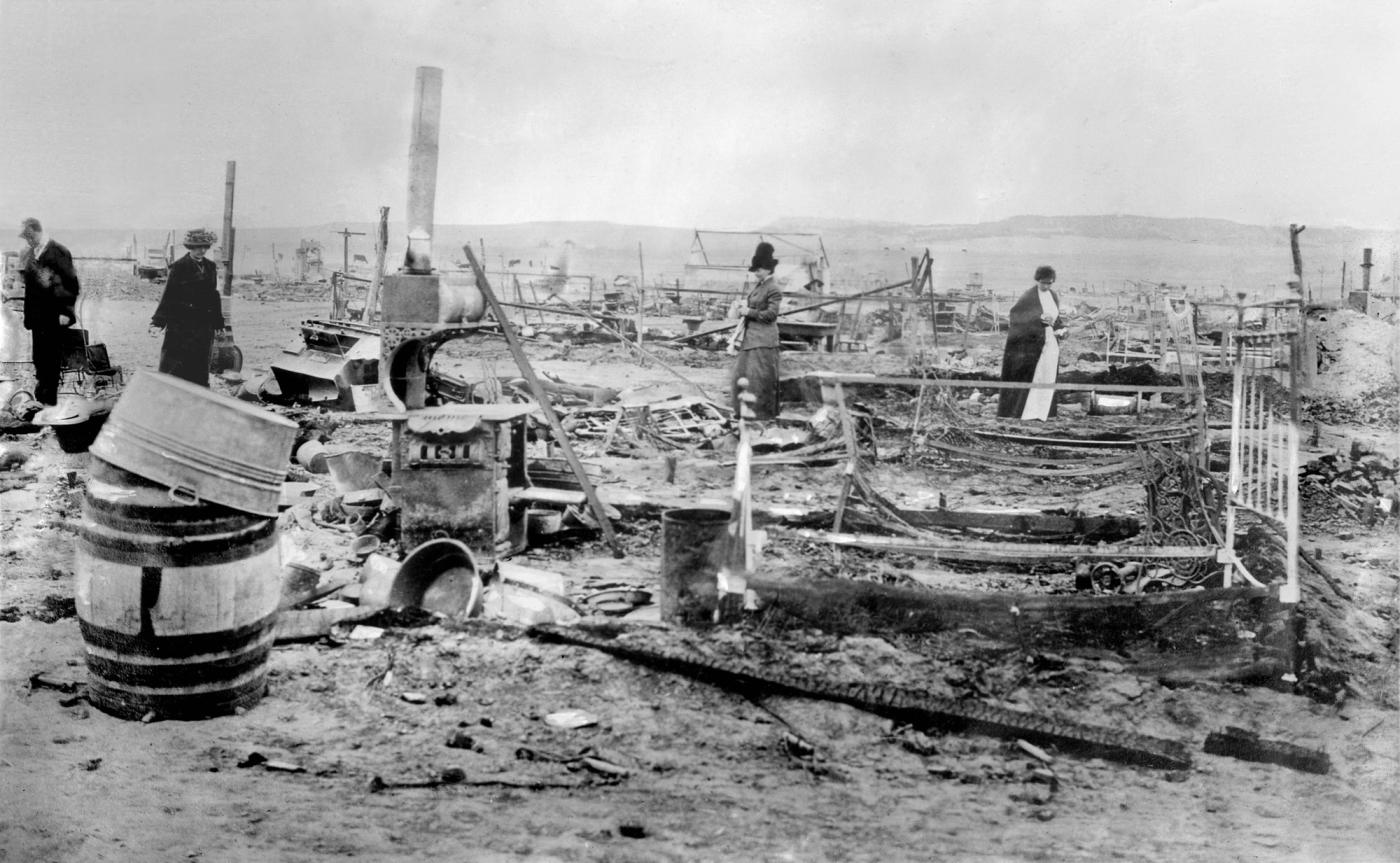 Photograph of the burned ruins of the Ludlow tent colony