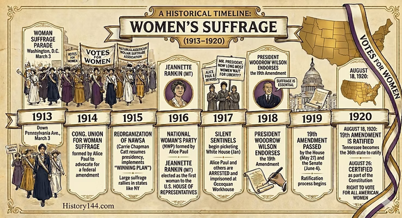 Historical timeline of women's suffrage movement from 1913-1920, showing key events leading to the 19th Amendment ratification.