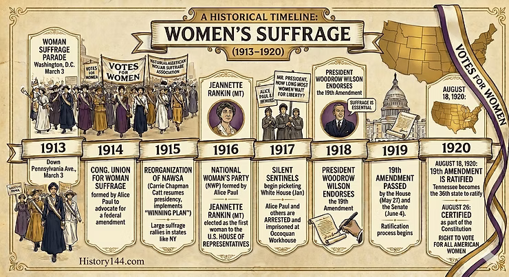 Historical timeline of women's suffrage movement from 1913-1920, showing key events leading to the 19th Amendment ratification.