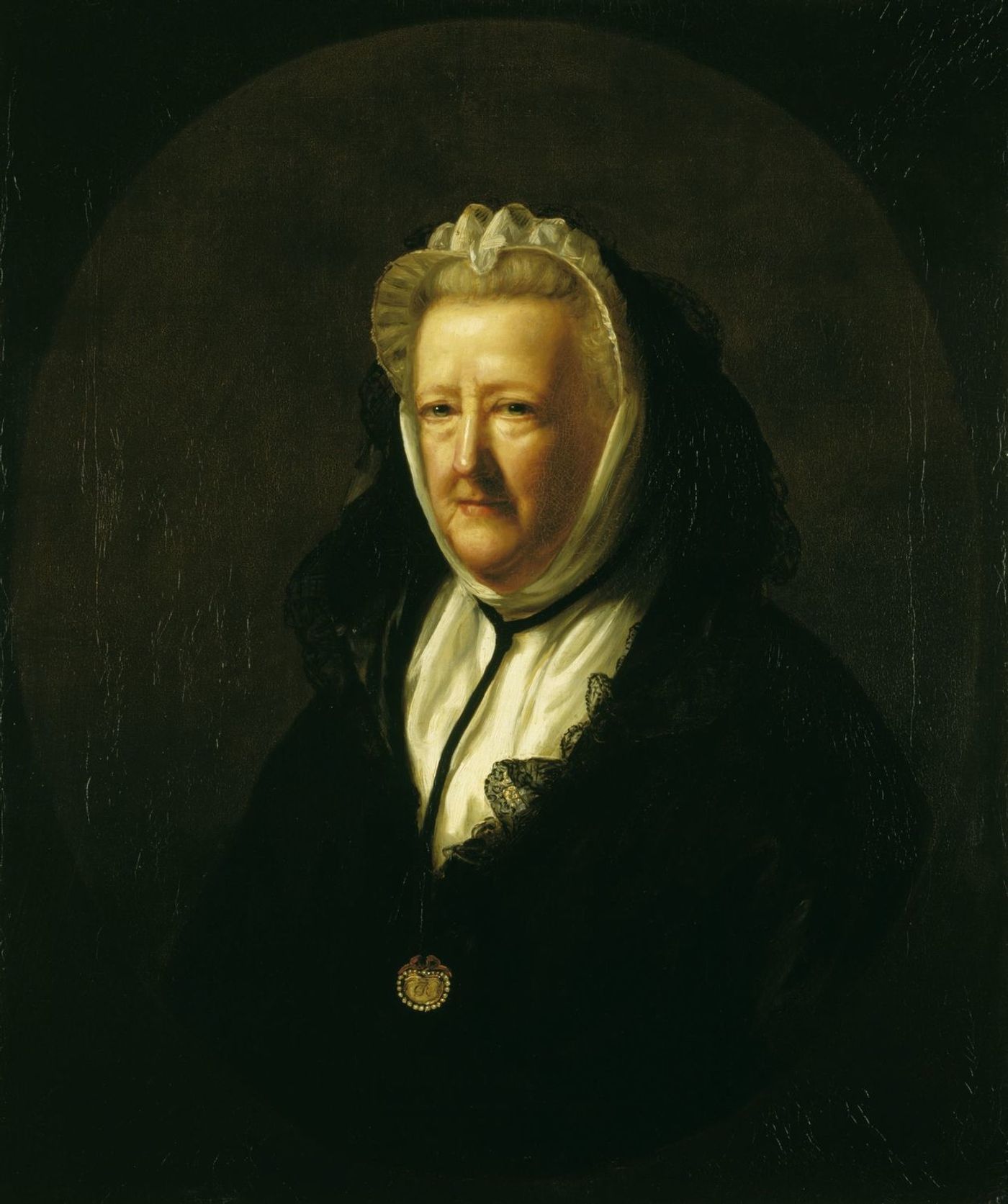 Oil portrait of an elderly woman in a black dress and a white lace cap tied under her chin, against a dark background