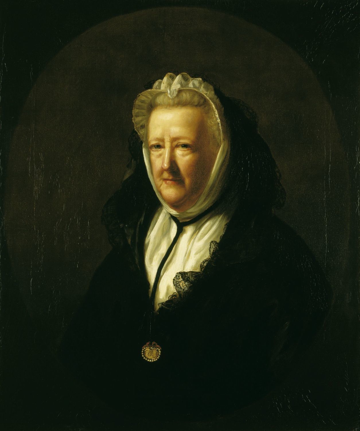 Oil portrait of an elderly woman in a black dress and a white lace cap tied under her chin, against a dark background