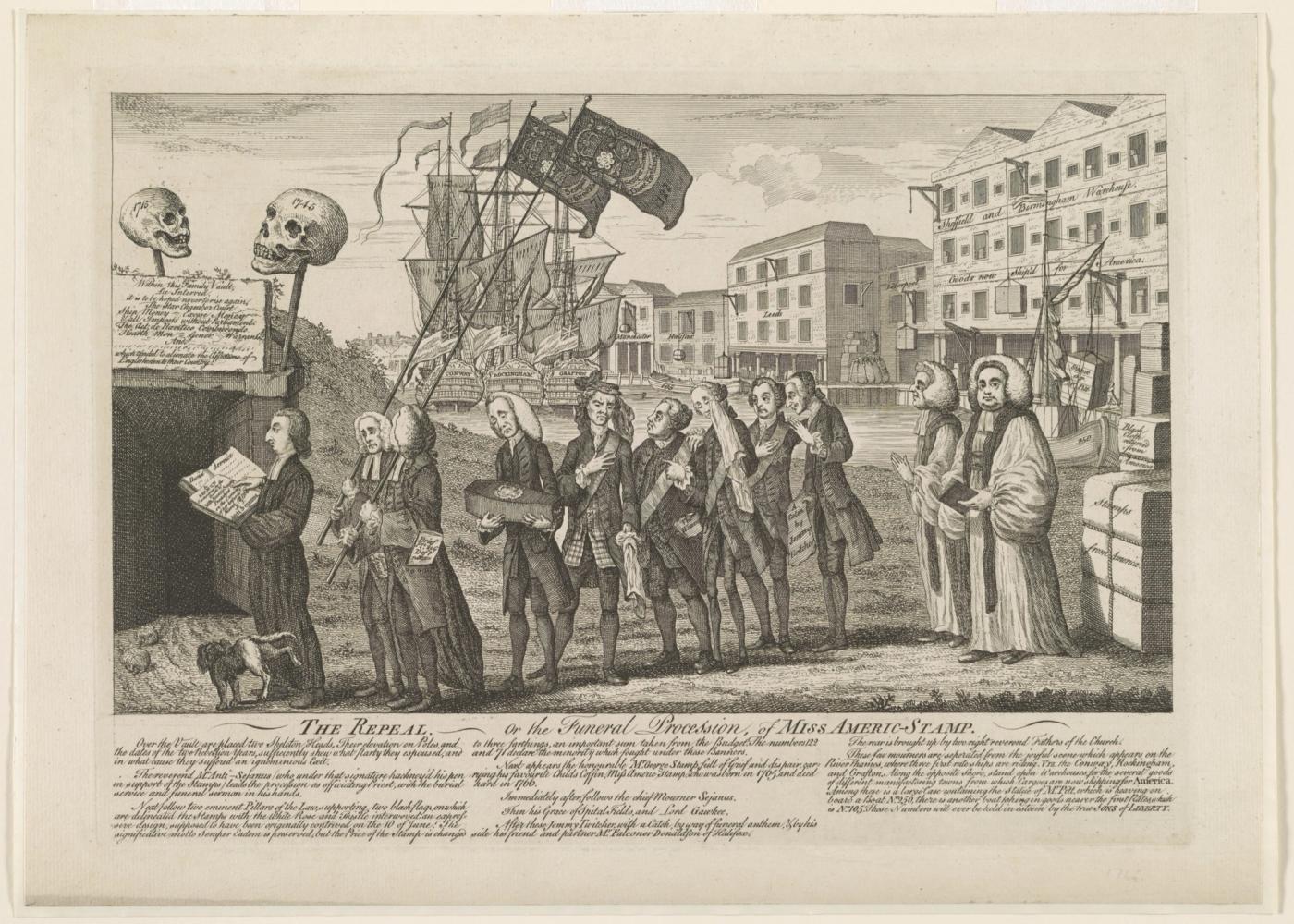 Satirical print of a mock funeral procession carrying a small coffin labelled Miss Americ-Stamp toward a vault, with bales of goods and ships in the background