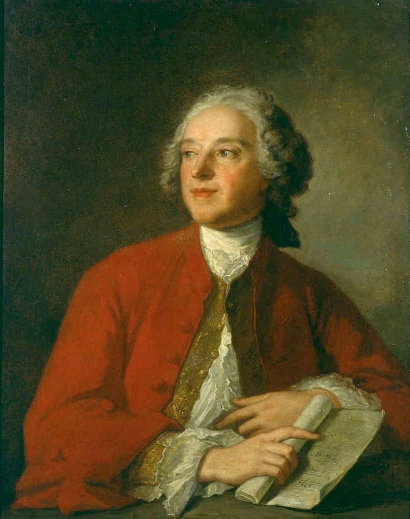 Oil portrait of a man in a powdered wig and red coat over an embroidered waistcoat, holding a rolled paper