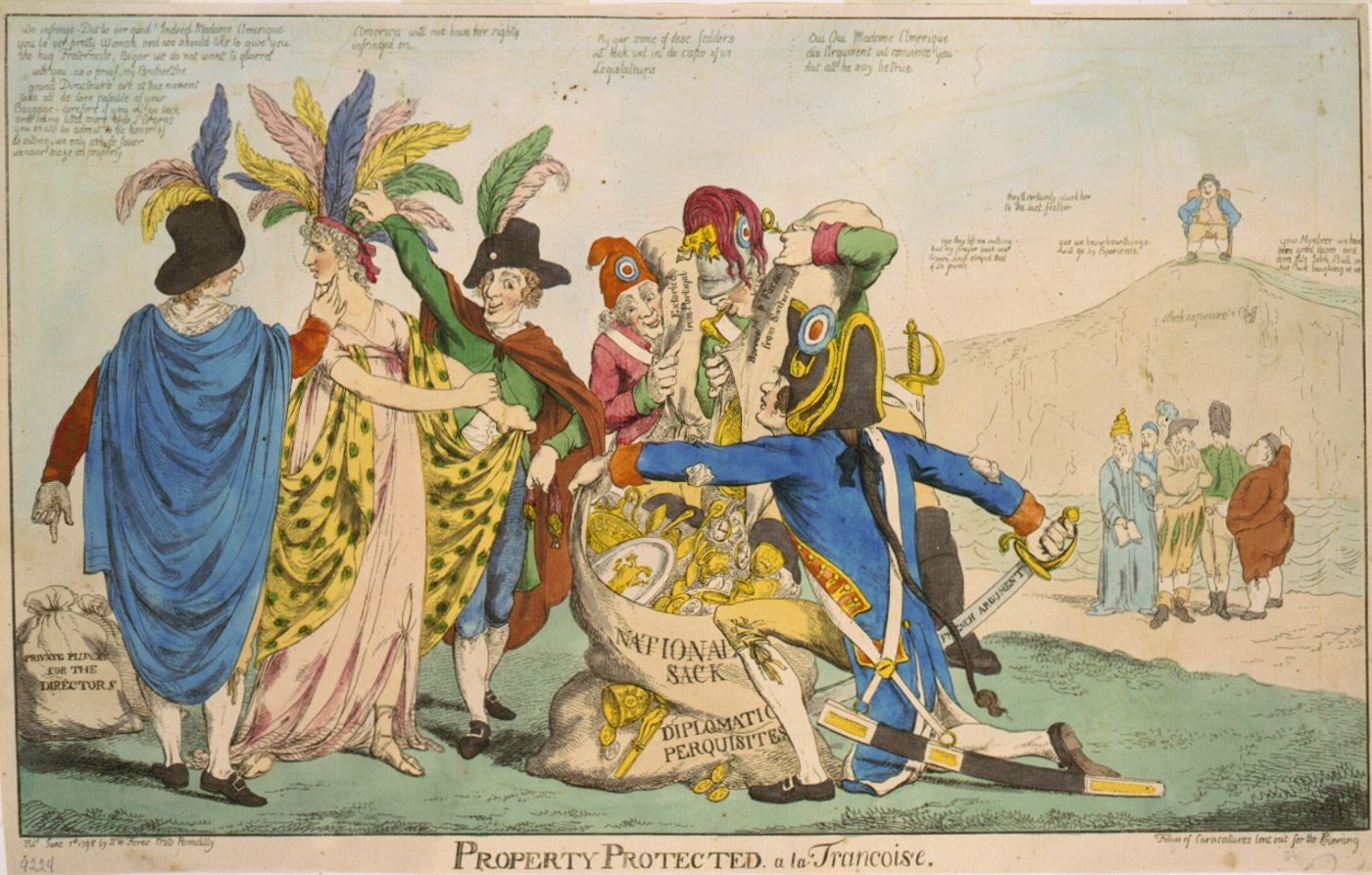 British cartoon of five Frenchmen plundering a female figure representing America, satirizing the XYZ Affair