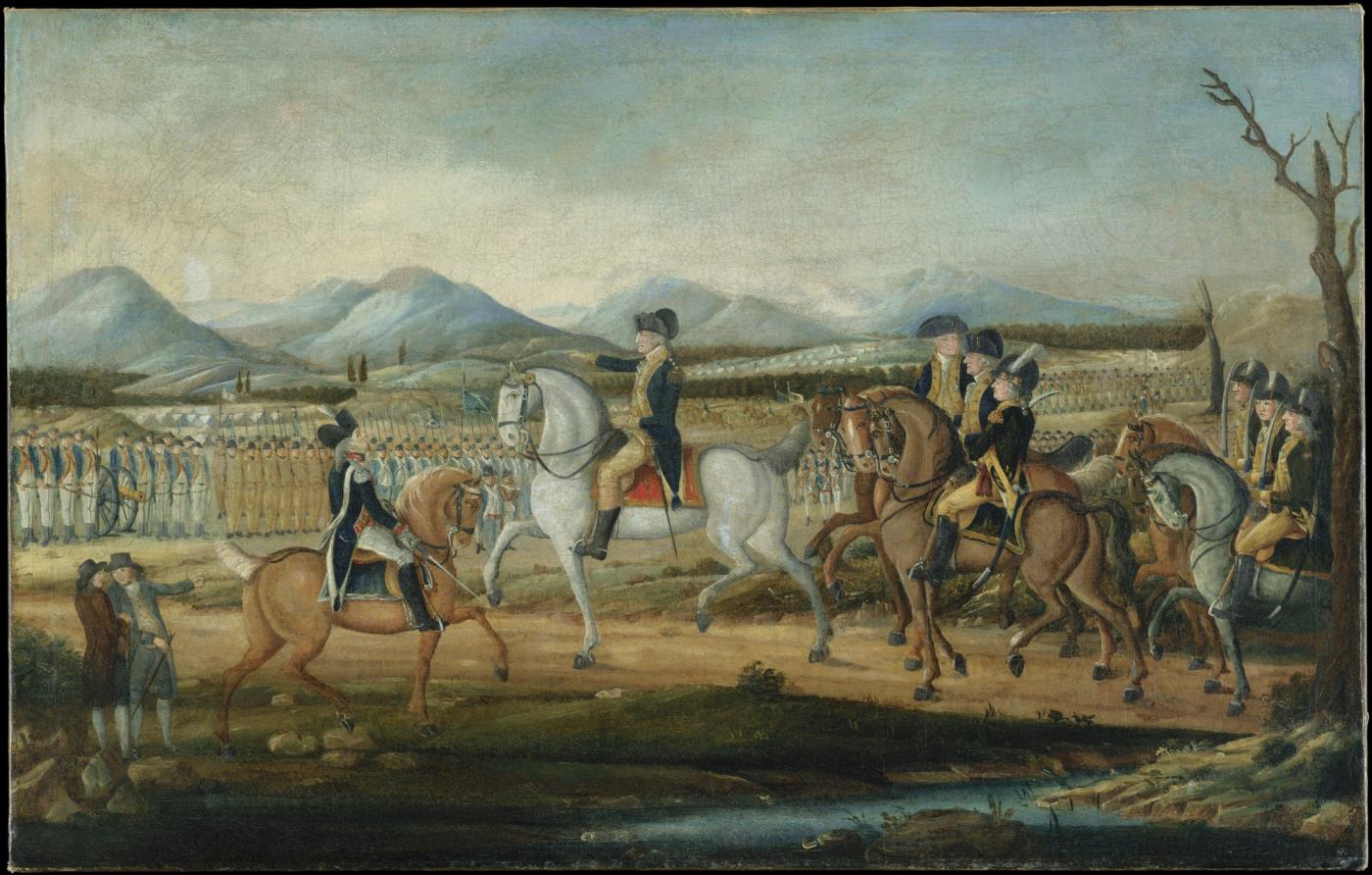 Folk-style painting of George Washington on a white horse with mounted officers, reviewing long lines of militia with a cannon before blue mountains
