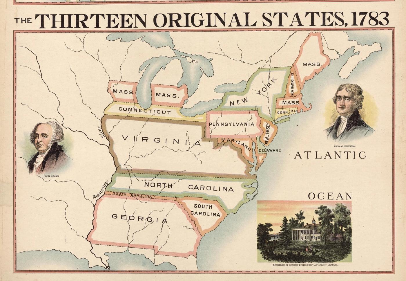 Two historical maps of the United States from 1783: upper map shows full territory including British possessions and Spanish lands; lower map details the thirteen original states with portraits of founding fathers.