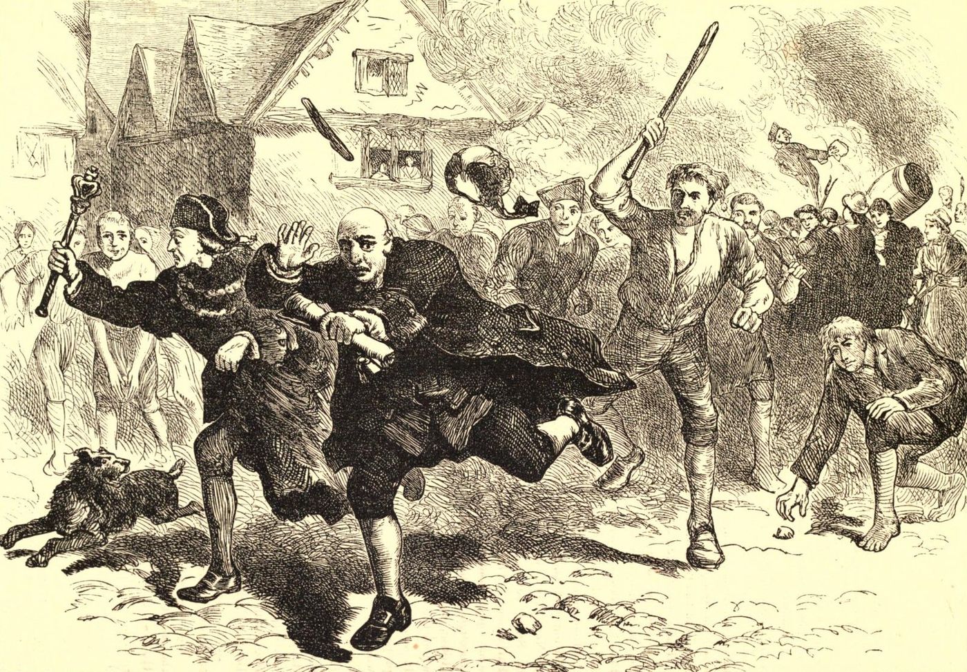 Engraving of a bareheaded Thomas Hutchinson being hurried away along a street by a companion carrying a staff, as a crowd with clubs and stones presses after him