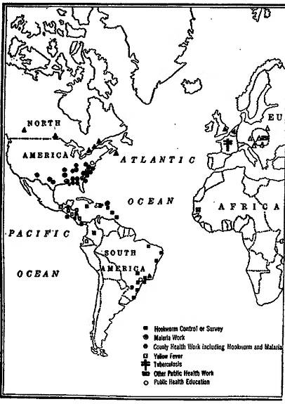 World map showing Rockefeller Foundation public health initiatives across North America, South America, Europe, and Africa, circa early 20th century.