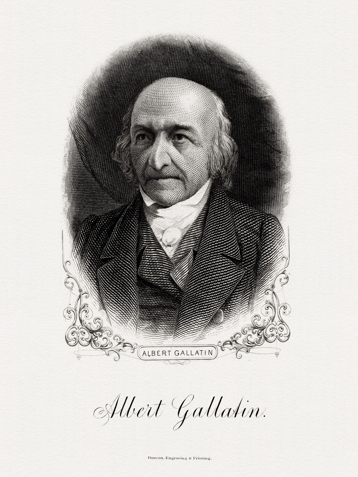 Finely engraved bust portrait in an oval of an elderly man with a high bald forehead and long hair falling to his collar, in a dark coat and white stock, his name lettered in a scrolled cartouche beneath