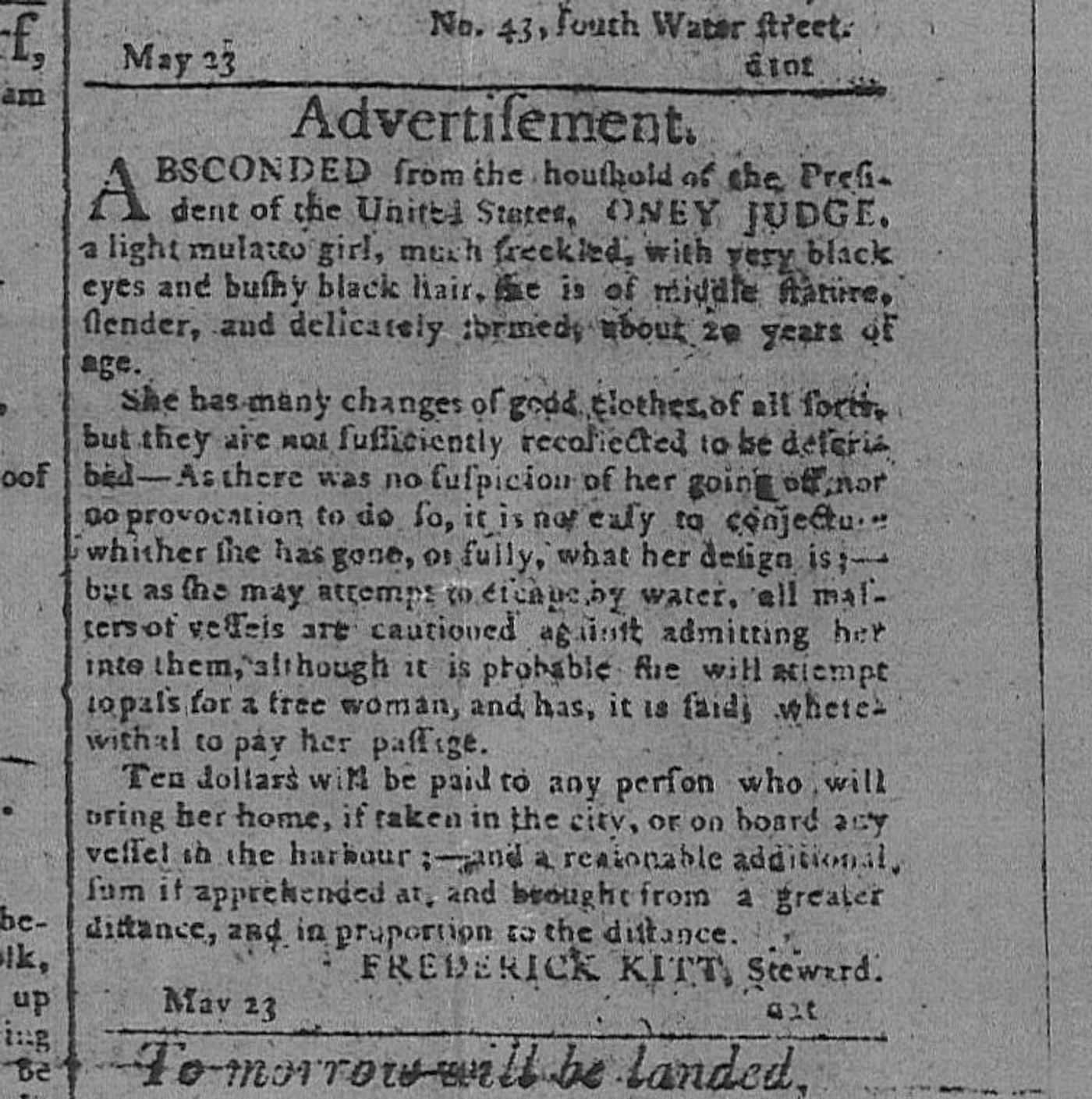 Newspaper advertisement headed "Absconded from the household of the President of the United States, Oney Judge," signed by Frederick Kitt, Steward