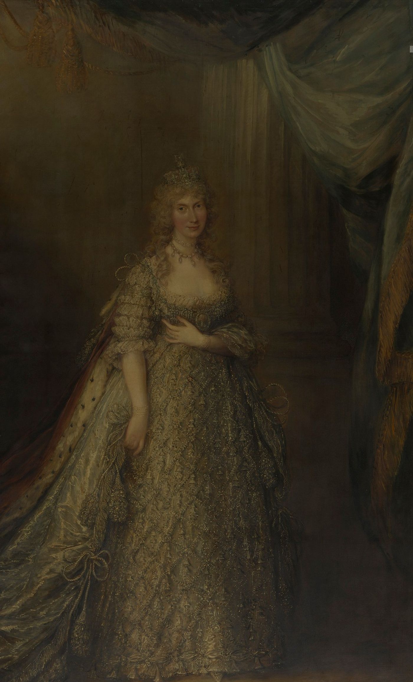 Full-length oil portrait of Caroline of Brunswick standing in a silver embroidered gown and ermine-lined robe beneath heavy green and gold drapery