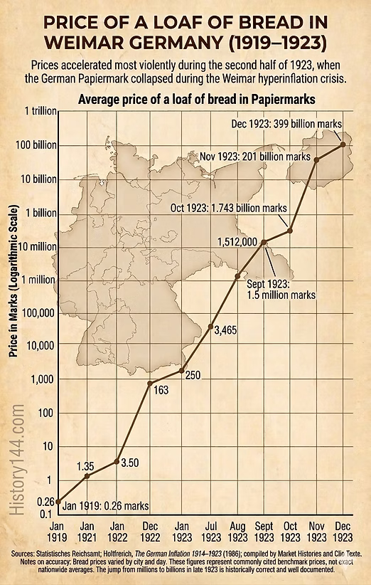 Logarithmic chart showing bread prices in Weimar Germany from 1919-1923, demonstrating hyperinflation escalation from 0.26 marks in January 1919 to 399 billion marks by December 1923.