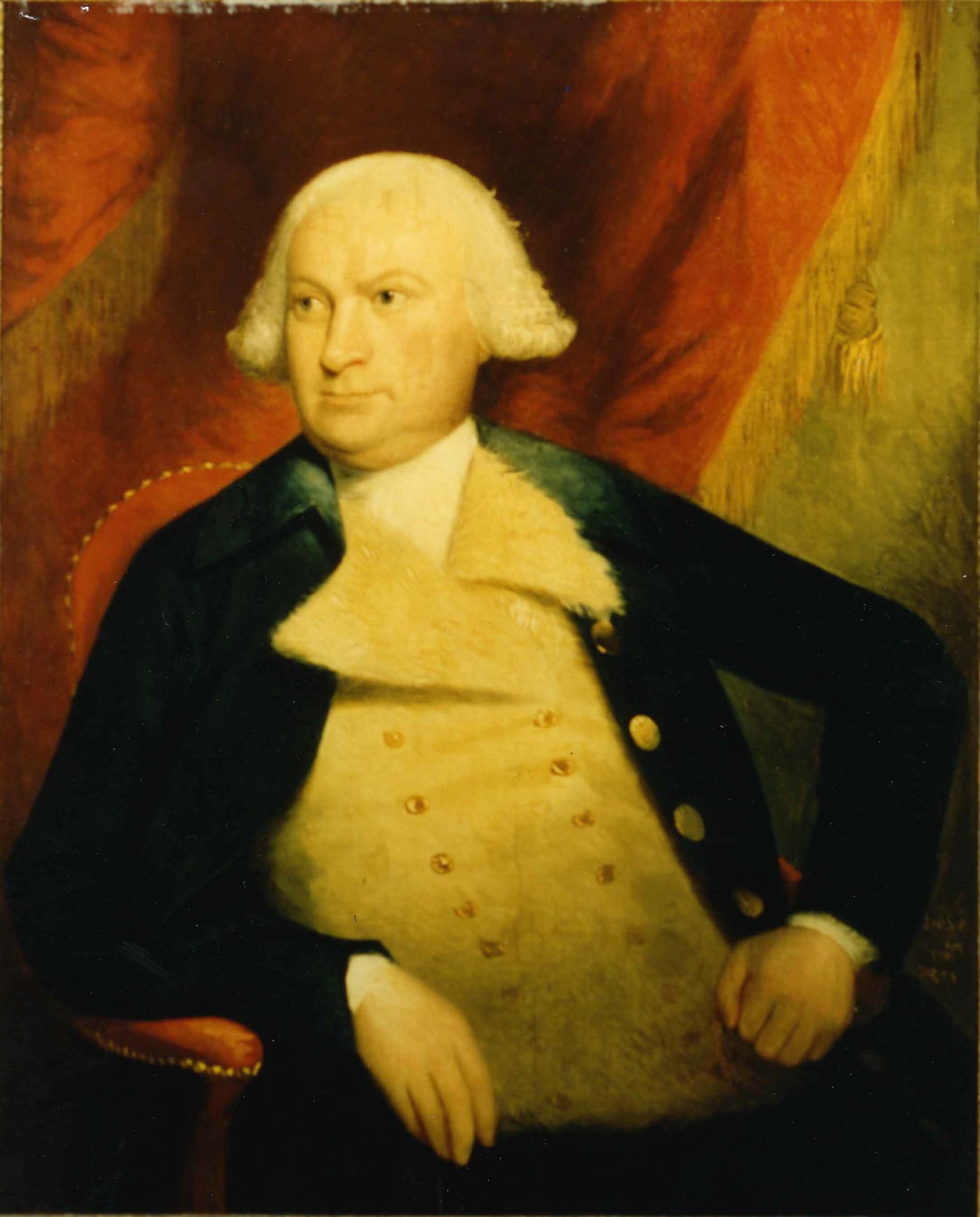 Oil portrait of Oliver Ellsworth seated in a dark coat and white stock, his powdered hair curled at the sides, papers in his hand