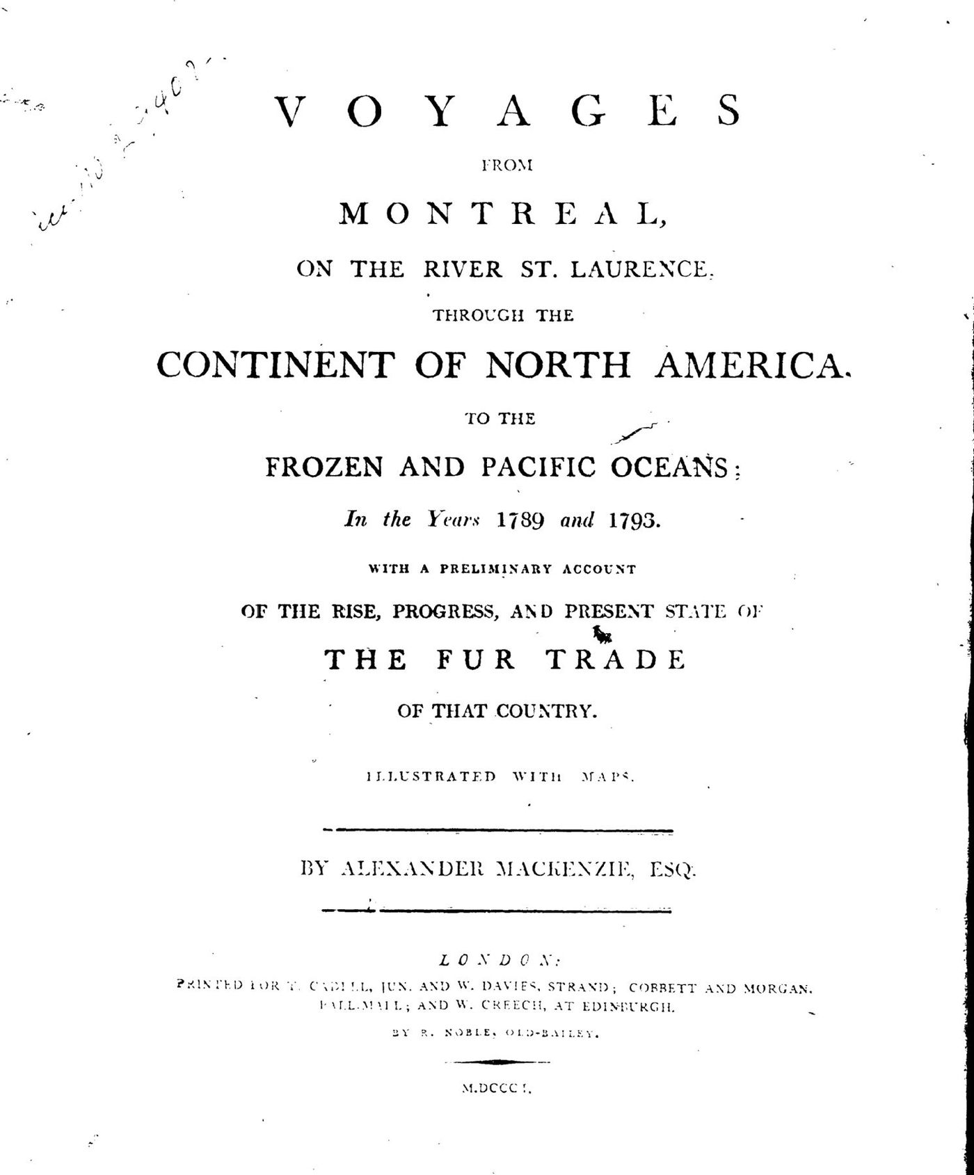 Title page of Voyages from Montreal by Alexander Mackenzie, London, 1801