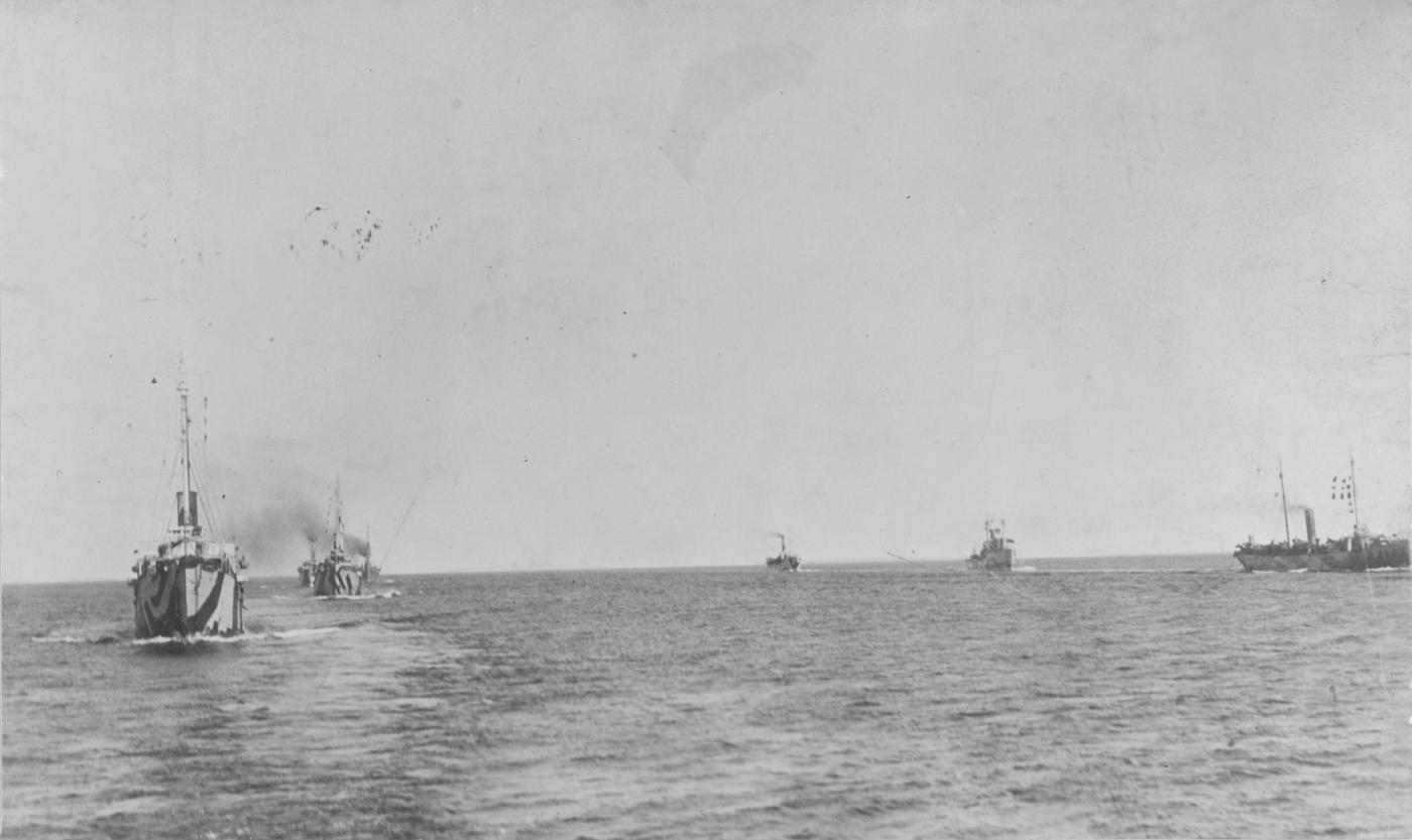 Black-and-white photograph of a line of camouflaged warships steaming in two columns across a calm sea