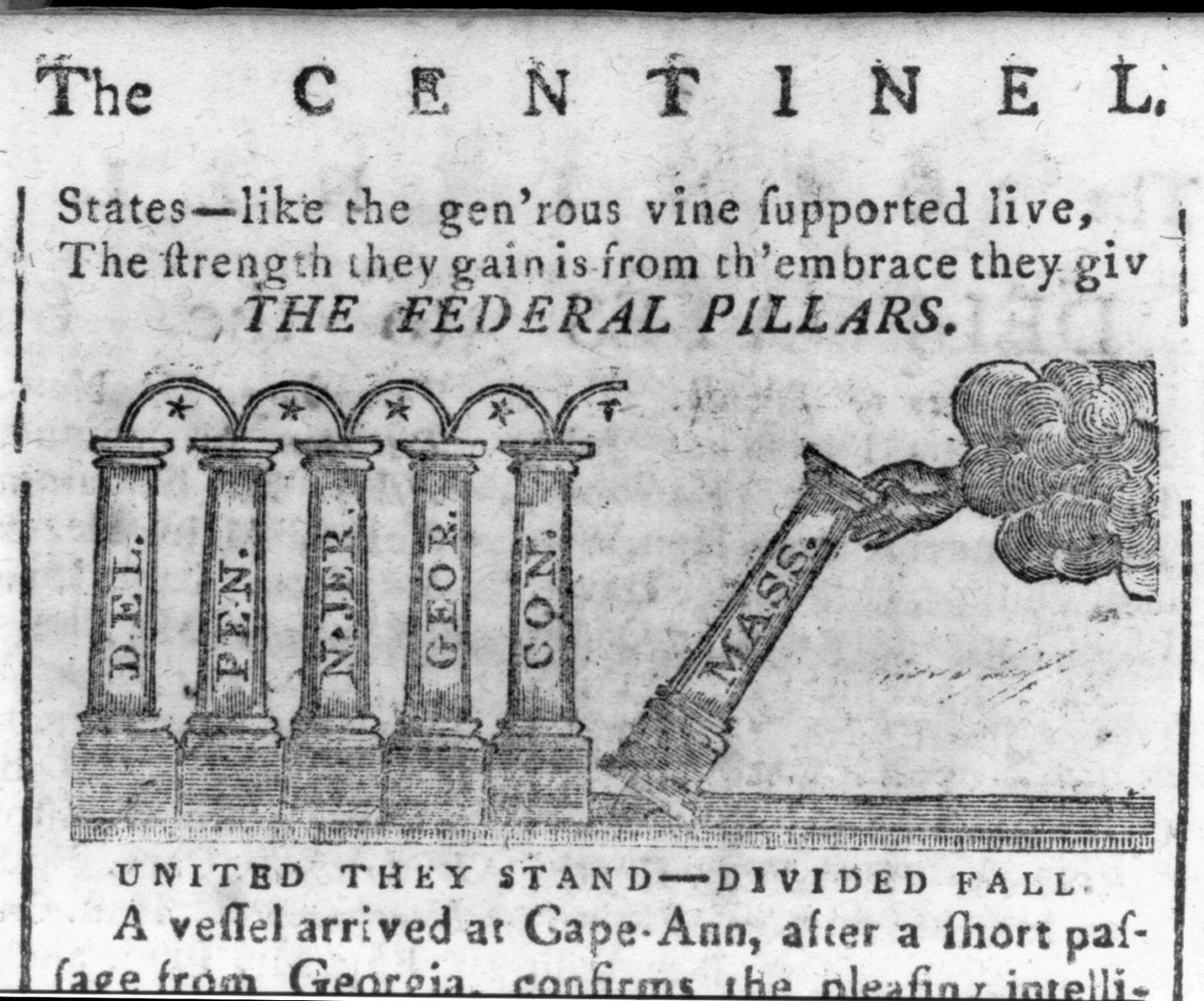 Newspaper woodcut of five arched columns labeled Del., Pen., N. Jer., Geor., and Con., with a hand lifting a sixth column labeled Mass.