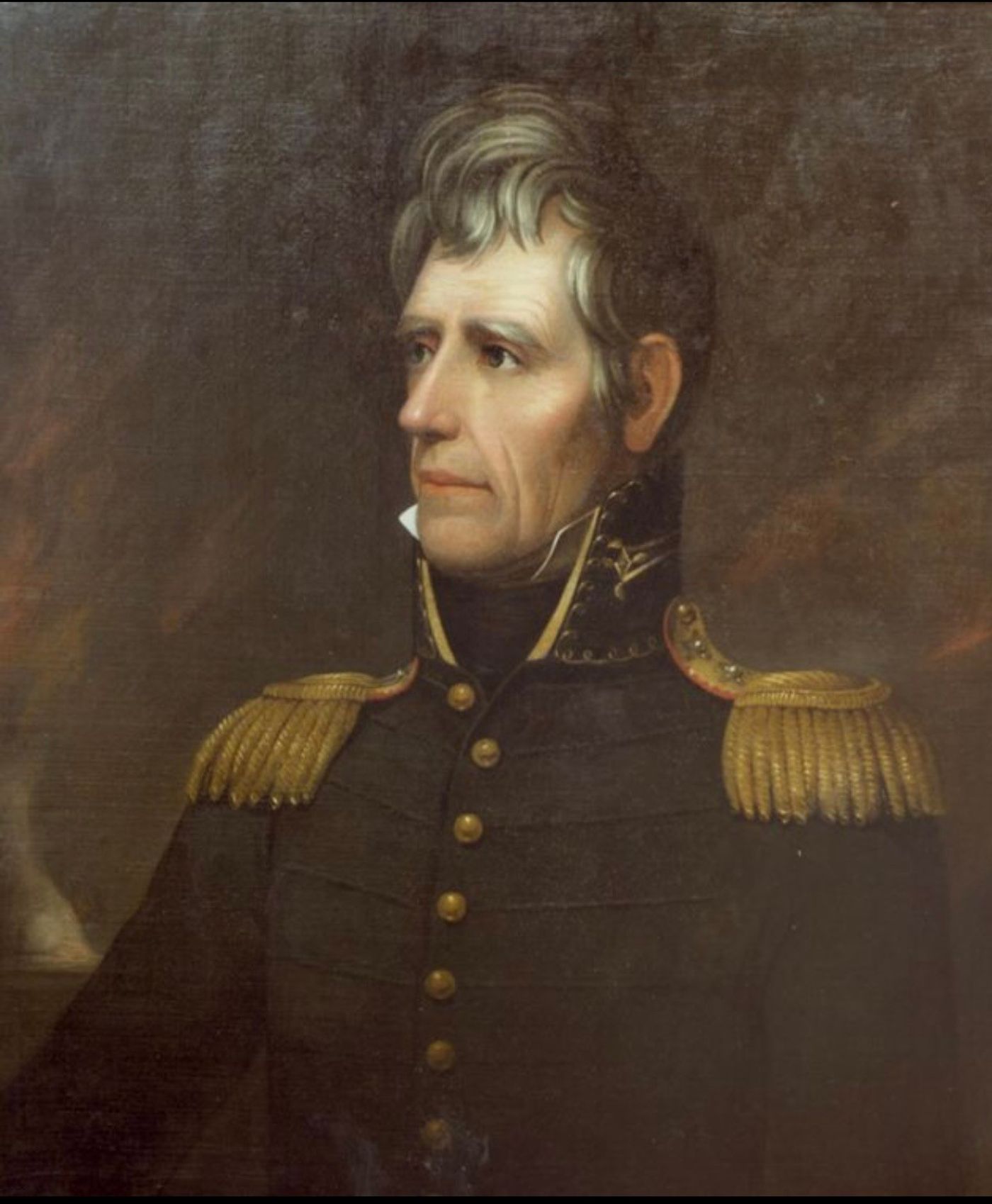 Oil portrait of Andrew Jackson with swept-back gray hair, in a dark high-collared military coat with gold epaulettes, looking to the left