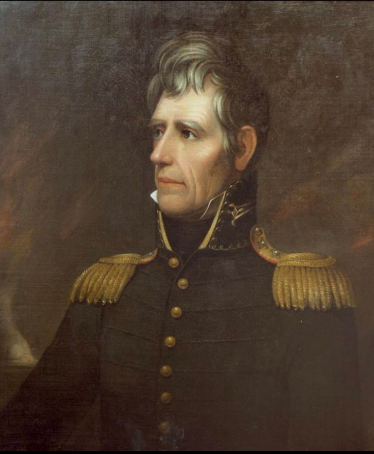 Oil portrait of Andrew Jackson with swept-back gray hair, in a dark high-collared military coat with gold epaulettes, looking to the left